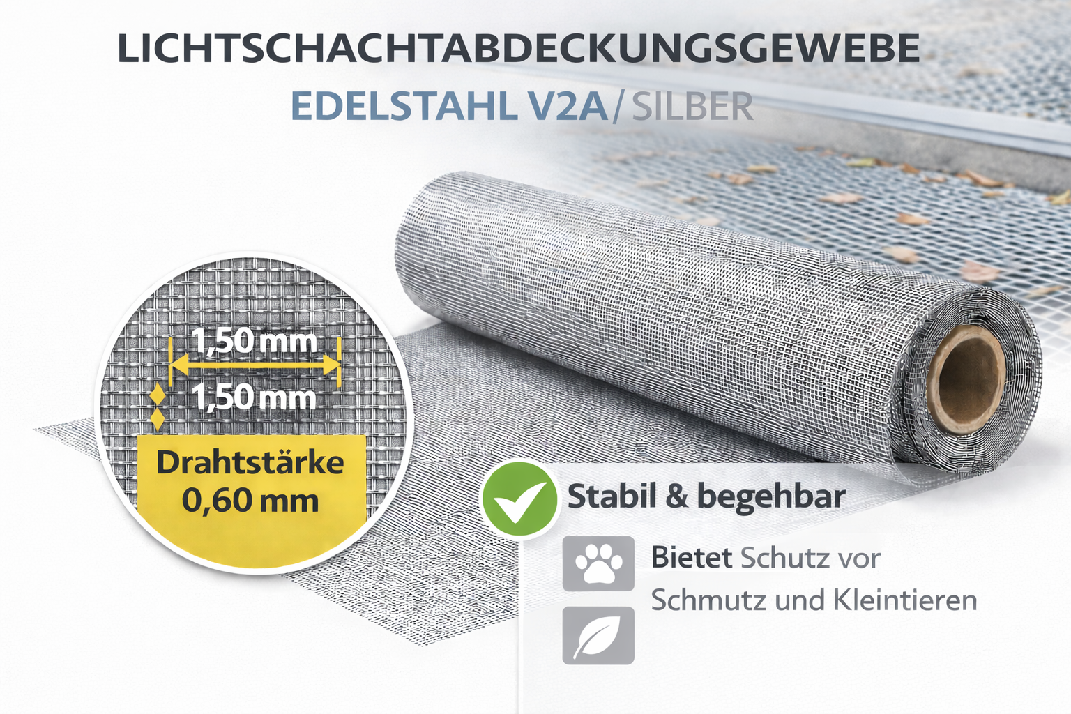 Gewebe für Lichtschachtabdeckungen Edelstahl silber V2A, Rollenware