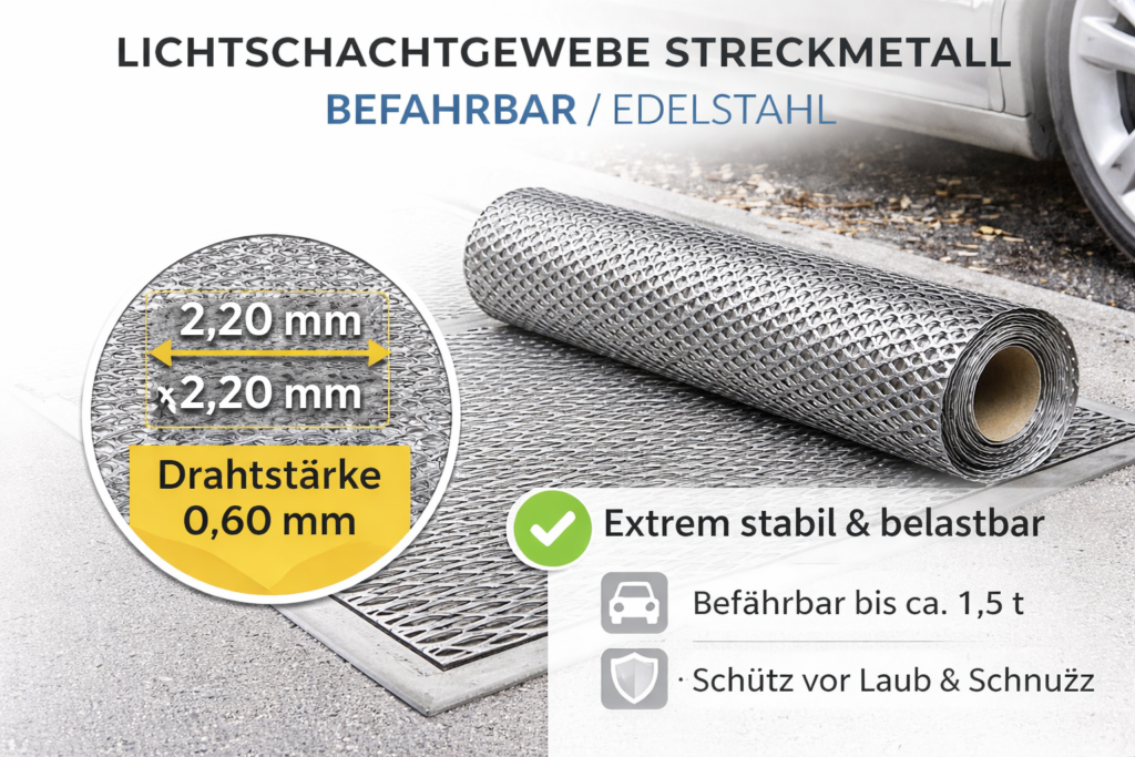 Gewebe für Lichtschachtabdeckungen Streckmetall befahrbar V2A silber, Rollenware 62cm