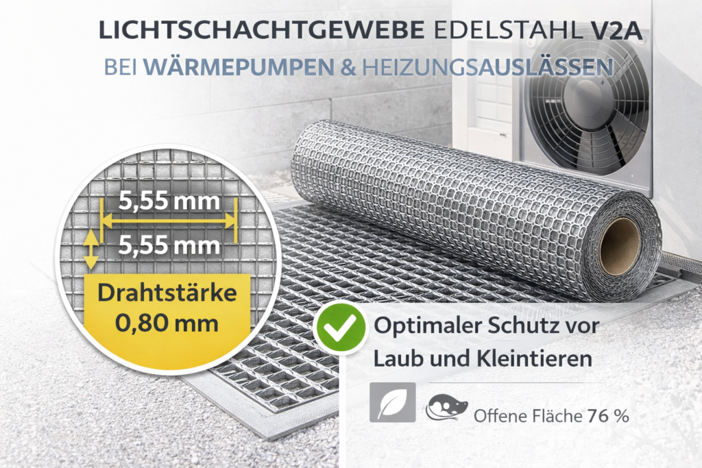 Gewebe für Lichtschachtabdeckungen Edelstahl silber V2A bei Heizungsräumen, Rollenware