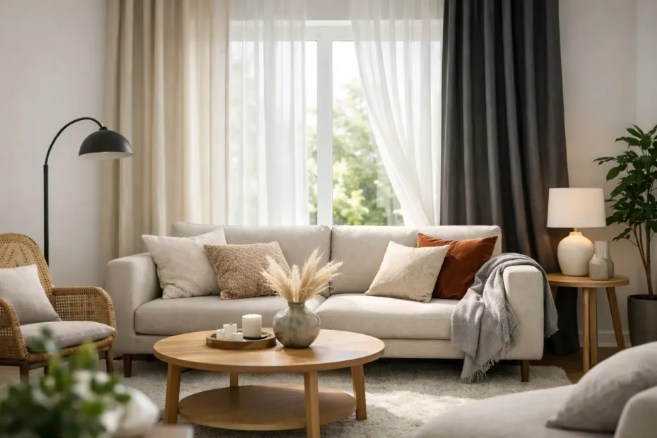 Wohnzimmer mit Vorhängen neu inszeniert